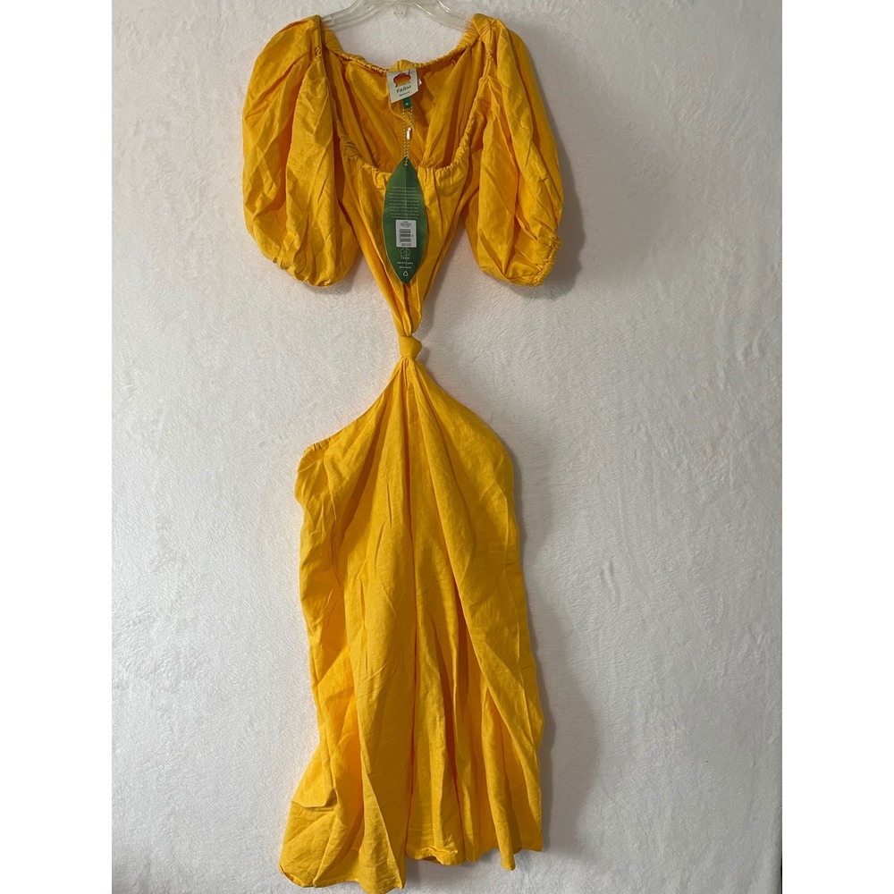 Farm Rio Yellow Linen Cutout Puff Sleeve Off Shoulder Midi Knot Dress NWT Med - Picture 4 of 7